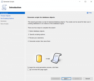 First screen of the Generate Scripts wizard in SSMS