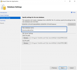 Restoring a .bacpac file to a new database in SSMS
