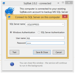 SqlBak Client Configuration - Connect to SQL Server