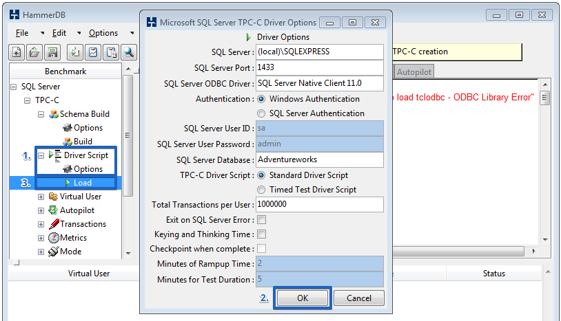 SQL Server Load Test Monitoring HammeDB step 3