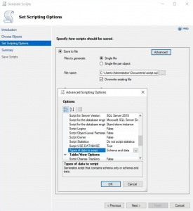 Generate SQL script via SSMS - specify file path and script types