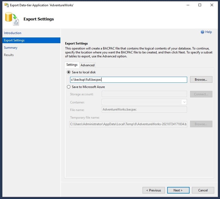 Ssms export data tier application setup sqlbak blog