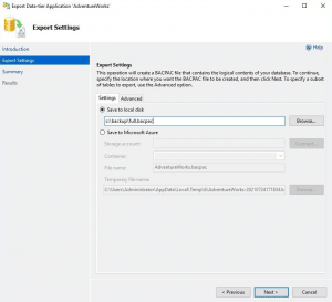 Export Data-Tier Application configuration window in SSMS