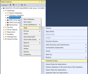 SSMS showing the menu path to generate scripts for a database