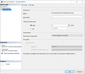 SQL Server Backup Options screen in SSMS showing backup set details and compression settings