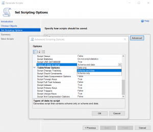 Advanced Scripting Options window in SSMS showing the selection of "Schema and data" for types of data to script