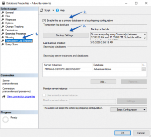 Screenshot of enabling log shipping in SQL Server