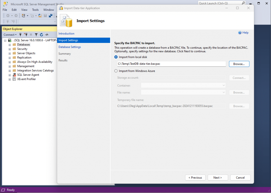How to backup Azure SQL databases and restore them on a local SQL ...